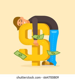 The man is hugging the sign of dollar. Wealth concept.