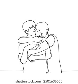 man hugging man tenderly from behind - one line art vector. concept gentle touch gay couple, friendly support, skinship. Handmade vector not AI