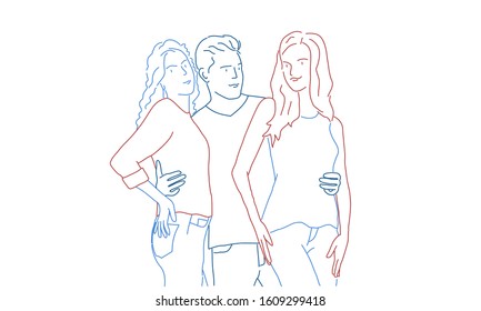 Man hugging two girls. Colour line drawing vector illustration.