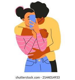 A man hugging a woman from behind. Romantic couple in colourful flat style. Trendy faceless characters. Blogger girl lifestyle.