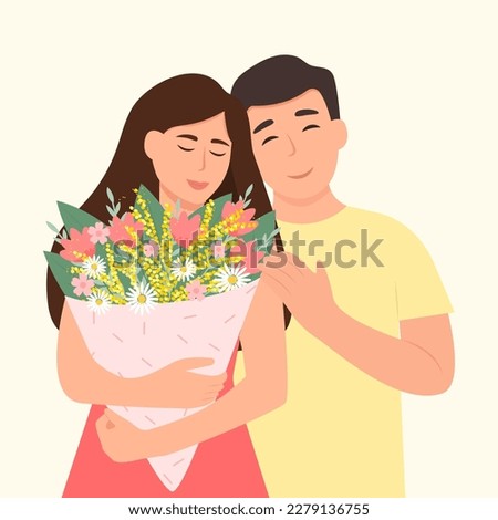 Man hugging a woman with a bouquet of flowers.Young smiling man and woman, girlfriend and boyfriend or married pair. Family or relationship concept.Vector illustration