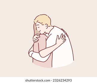 man hugging woman. Hand drawn style vector design illustrations.