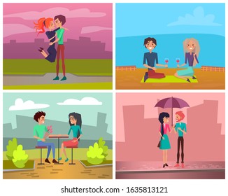 Man hugging woman, lovers picnic with wine, raining romantic walking, giving flowers to girlfriend. Male and female leisure together, Valentine day vector