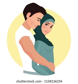 The man is hugging woman wearing hijab. Embraces of a loving couple.  Muslim. Traditional clothes. Vector illustration.