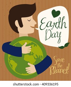 Man hugging the world with conservation message for Earth Day celebration in a recycled cardboard background.