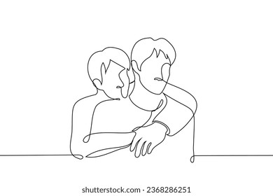 man hugs another man from the back - one line art vector. concept friends, brothers, skinship and men hug