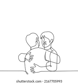 man hugs another in disgust - one line drawing vector. concept hide true face, hate relative, hypocrite, deceiver
