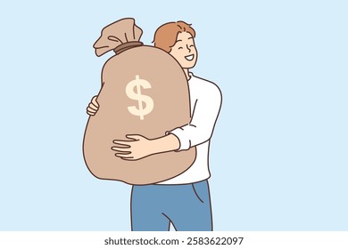 Man hugs bag of money, rejoicing at amount of finance earned or receiving dividends from investments. Rich guy with lot of money in account is testing pieces after achieving economic goal