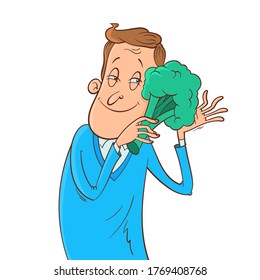 A man hugs broccoli, healthy diet illustration, vegetarian food. Healthy lifestyle.