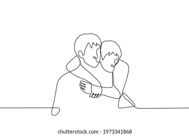 man hugs brother, friend or lover - one line drawing vector. concept of hug from the back, comfort someone, support, touch