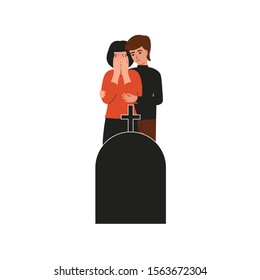 Man hugs a crying girl. Woman crying over the grave. Sad female character, bad emotions, solitude. Flat vector cartoon illustration design.