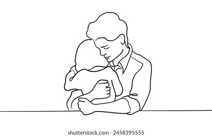 Man hugs daughter continuous line art drawing isolated on white background. Sadness, support, sympathy. Vector illustration