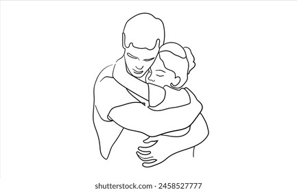 Man hugs daughter continuous line art drawing isolated on white background. Sadness, support, sympathy, help, love. Vector illustration