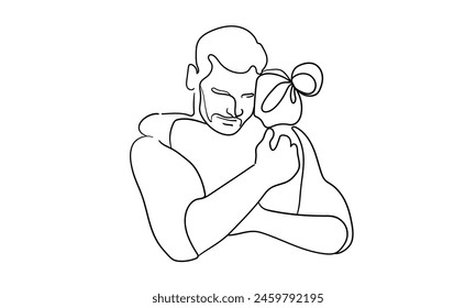 Man hugs daughter continuous line art drawing isolated on white background. Sadness, support, sympathy, help, love. Vector illustration