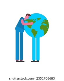 Man hugs  earth Love earth. guy hugs and kisses planet earth. Concept of caring for environment and planet. Poster for earth day holiday.