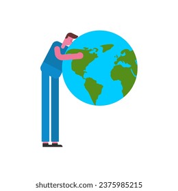 Man hugs  earth Love earth. guy hugs and kisses planet earth. Concept of caring for environment and planet. Poster for earth day holiday.