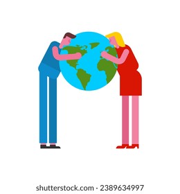 Man hugs  earth Love earth. guy hugs and kisses planet earth. Concept of caring for environment and planet. Poster for earth day holiday.
