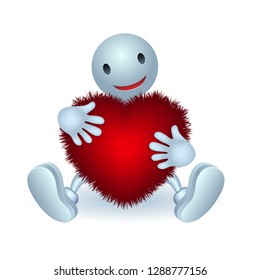 man hugs fluffy heart, with no background. Clip art.