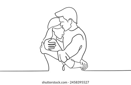 El hombre abraza a la muchacha de dibujo de línea continua aislado sobre fondo blanco. Tristeza, Asistencia, simpatía. Ilustración vectorial