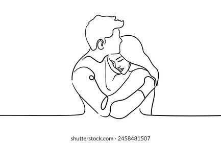 Man hugs girl continuous line art drawing isolated on white background. Sadness, support, sympathy, help, love. Vector illustration