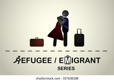 A man hugs a girl with suitcases after a trip. Emigrant / refugee series.