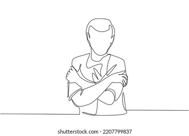 A man hugs himself. handsome young man. dress casually. cold embraced himself. white background. one line painting. short haired man looks neat. warm your own body with your hands close to your body