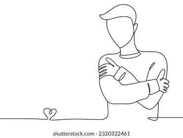 The man hugs himself. Love for yourself and your body. One line drawing for different uses. Vector illustration.