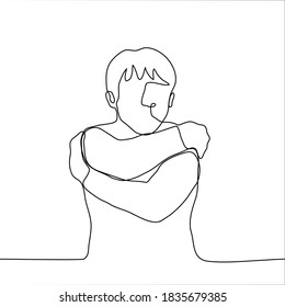 Man Hugs Himself. One Line Drawing Concept Of Self-help, Reflection, Therapy, Independence, Loneliness, Lack Of Warmth, Desire For Closeness, Crave Hug, Hug, Self-hug, Support, Self-support