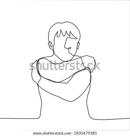 man hugs himself. one line drawing concept of self-help, reflection, therapy, independence, loneliness, lack of warmth, desire for closeness, crave hug, hug, self-hug, support, self-support
