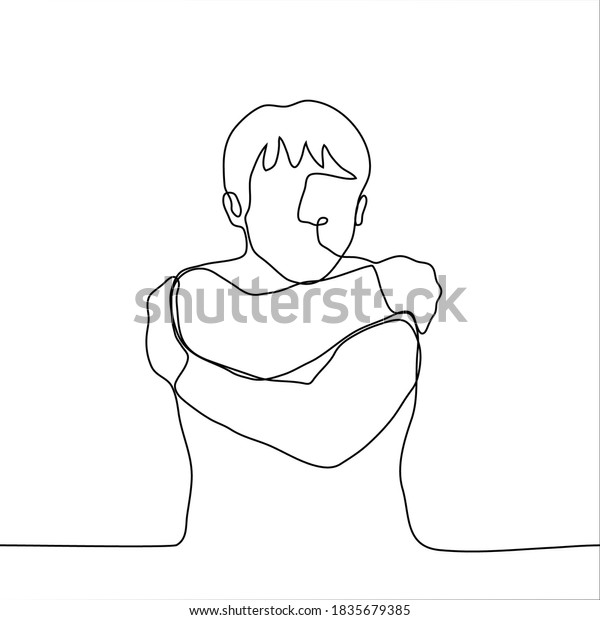 man hugs himself. one line drawing concept\
of self-help, reflection, therapy, independence, loneliness, lack\
of warmth, desire for closeness, crave hug, hug, self-hug, support,\
self-support