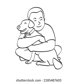 man hugs his dog illustration vector hand drawn isolated on white background line art.