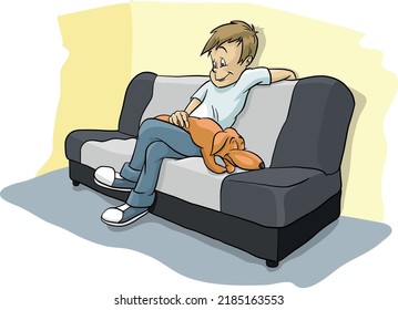 man hugs his dog on the couch cartoon, vector, ilustration, 