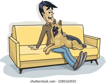 man hugs his dog on the couch cartoon, vector, ilustration, 