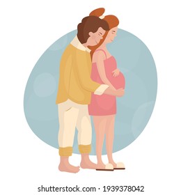 The man hugs his pregnant wife from behind. Young white couple in love waiting for the birth of a baby. Happy pregnancy and motherhood. Maternity leave for future parents. Cute red-haired girl.