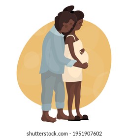 The man hugs his pregnant wife from behind. Young black couple in love waiting for the birth of a baby. Happy pregnancy and motherhood. Maternity leave for future parents. Cute pregnancy time.