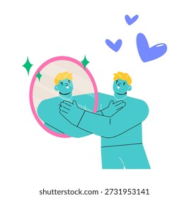 O homem abraça seu reflexo no espelho. Conceito de amor próprio e autoaceitação. Ilustração vetorial colorida
