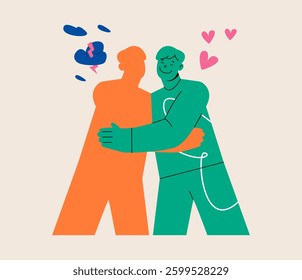 Man hugs his shadow. Embracing positive and negative emotions, balance. Colorful vector illustration 
 
