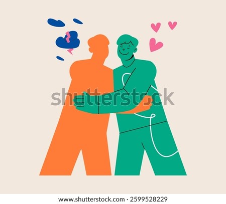 Man hugs his shadow. Embracing positive and negative emotions, balance. Colorful vector illustration 
 
