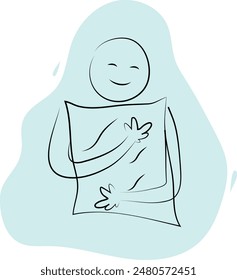 man hugs a pillow, smile on his face