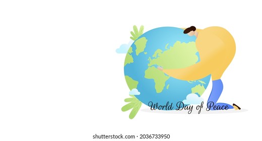 Man hugs the Planet Earth isolated on the white background. World day of peace. Vector illustration