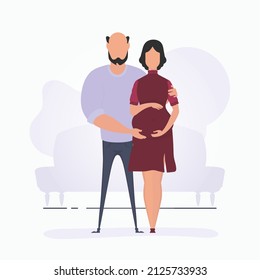 A man hugs a pregnant woman. Banner on the theme of couple jet baby. Positive and conscious pregnancy. Cute illustration in flat style.