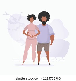 A man hugs a pregnant woman. Banner on the theme Young family is waiting for the birth of a child. Positive and conscious pregnancy. Cute illustration in flat style.