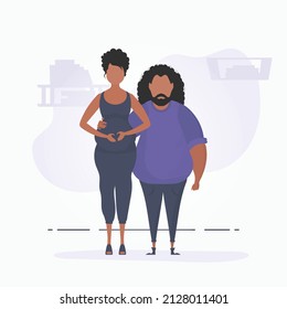 A man hugs a pregnant woman. A poster on the theme of a child's steam jet. Happy pregnancy. Vector illustration.