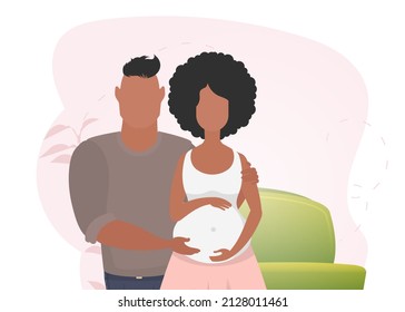 A man hugs a pregnant woman. Poster on the theme Young family is waiting for the birth of a child. Happy pregnancy. Cute illustration in flat style.