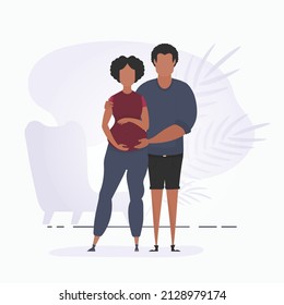 A man hugs a pregnant woman. Poster on the theme Young family is waiting for the birth of a child. Happy pregnancy. Vector in cartoon style.