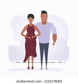 A man hugs a pregnant woman. Poster on the theme Young family is waiting for the birth of a child. Happy pregnancy. Vector illustration in a flat style.