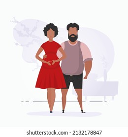 A man hugs a pregnant woman. A poster on the theme of a child's steam jet. Happy pregnancy. Vector illustration in a flat style.