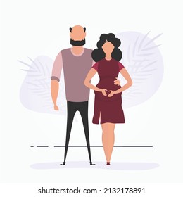 A man hugs a pregnant woman. A poster on the theme of a child's steam jet. Happy pregnancy. Vector in cartoon style.