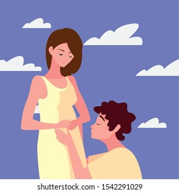 man hugs a pregnant woman sky background - pregnancy and maternity vector illustration