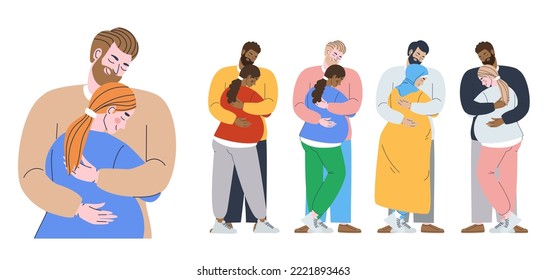 Man hugs a pregnant woman. Wife at a long pregnancy in the arms of her husband. The concept of a couple of different nationalities in anticipation of a baby. Flat vector illustration, eps 10